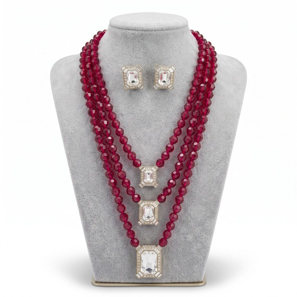 Heidi Daus Estate Splendor Jewelry Set 3 Tiered Necklace & Earrings Red Beads